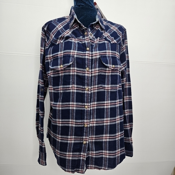 Jachs Girlfriend Shirt Medium Flannel Snap Front Long Sleeve Blue Plaid BEA NWT - Picture 4 of 9